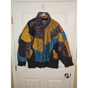Vintage American High Multicolored Jacket Womens Size L Large Floral Quilt Patch